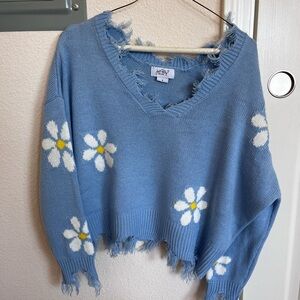 Distressed Blue Daisy Sweater